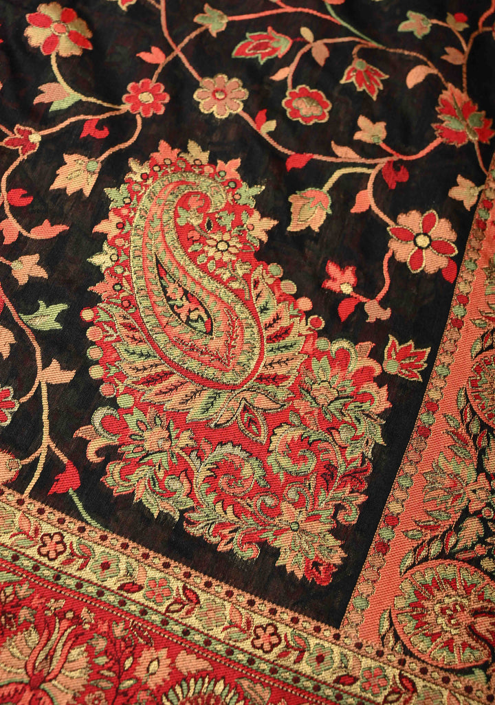 Black Meenakari Floral Jaal on Rayon Saree with Kani Design and Koniya Motifs