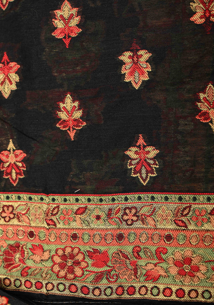 Black Meenakari Floral Jaal on Rayon Saree with Kani Design and Koniya Motifs