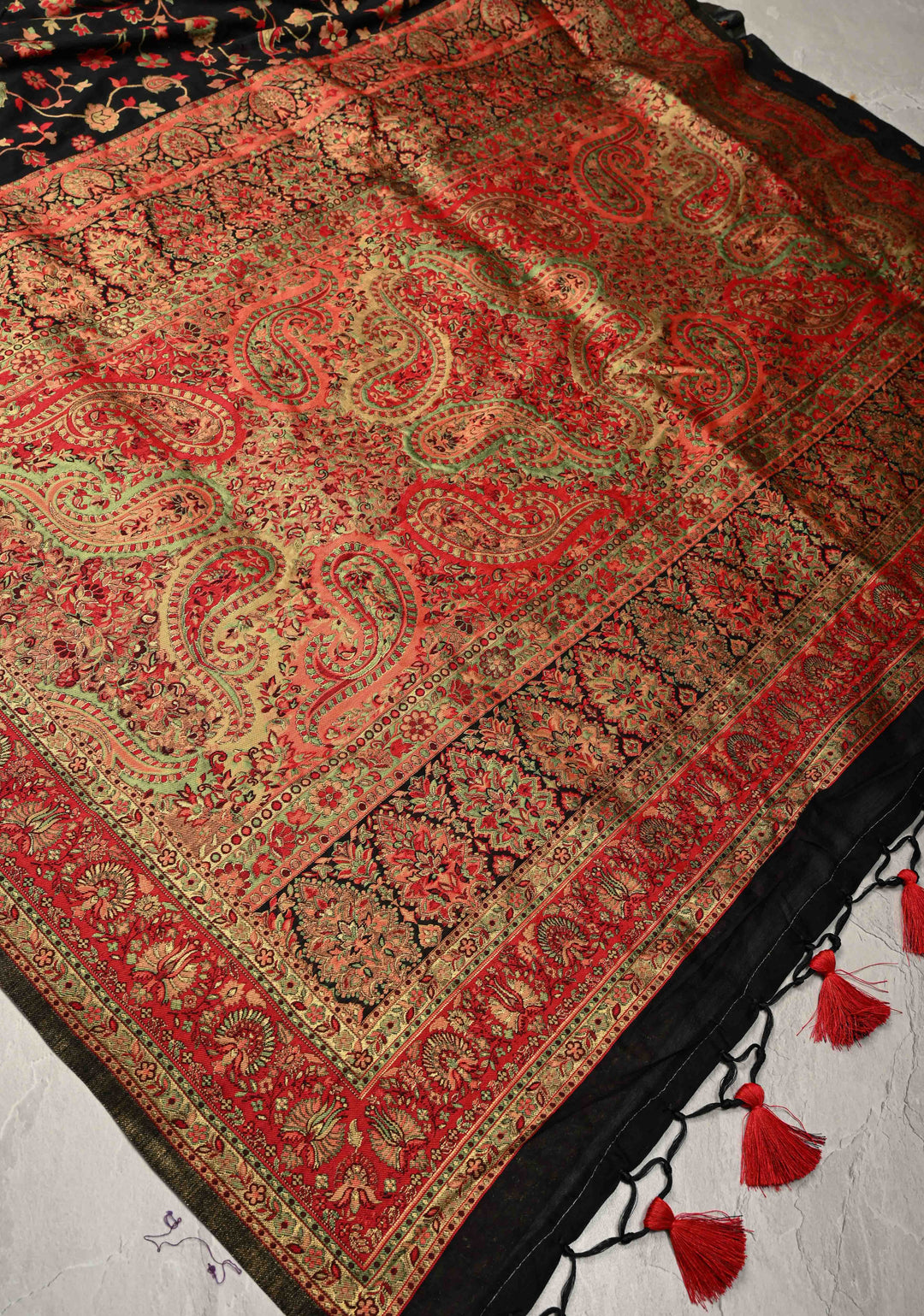 Black Meenakari Floral Jaal on Rayon Saree with Kani Design and Koniya Motifs