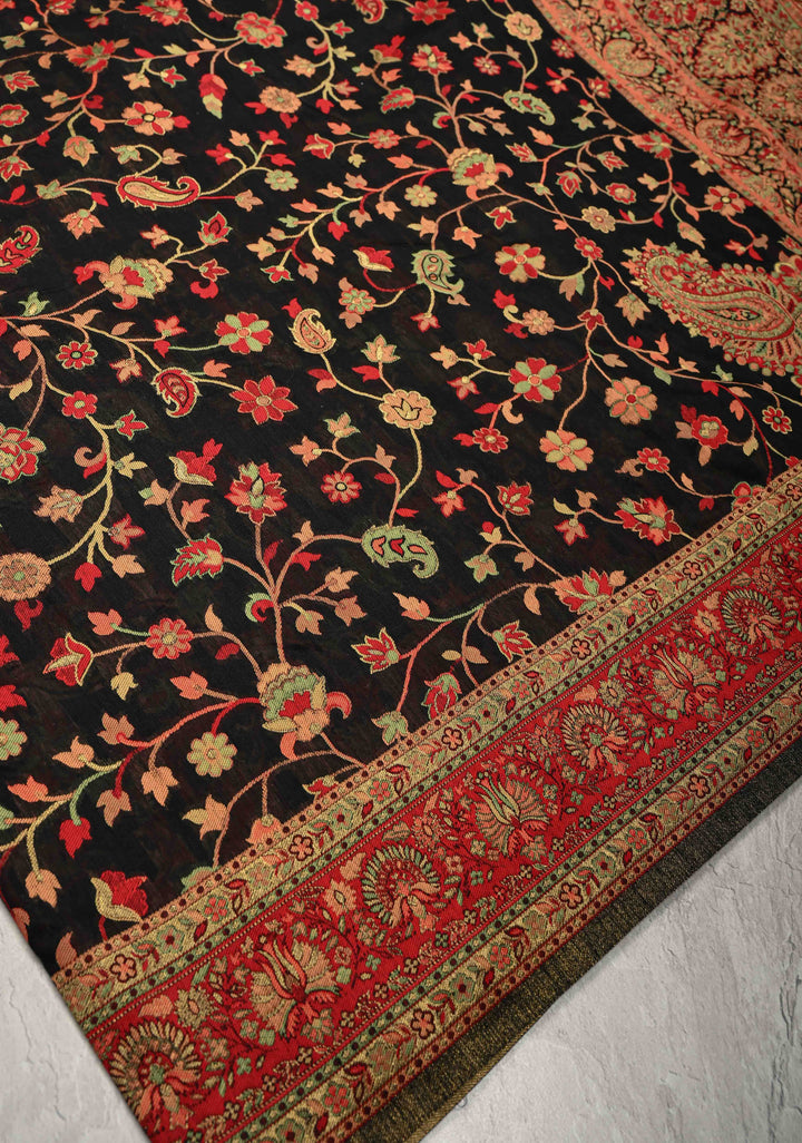 Black Meenakari Floral Jaal on Rayon Saree with Kani Design and Koniya Motifs