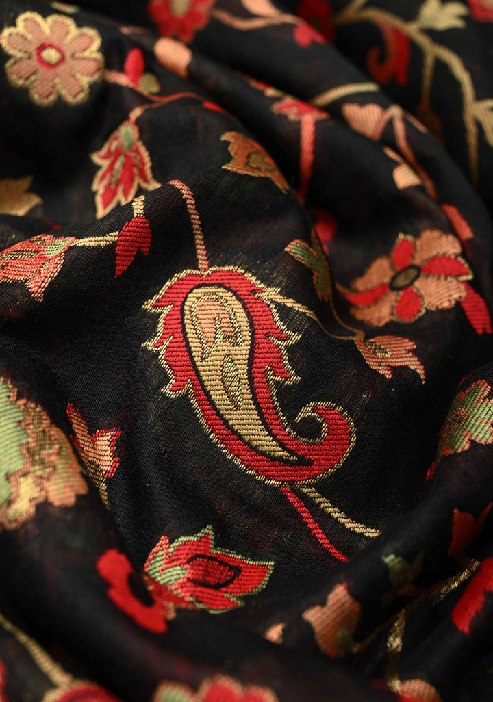 Black Meenakari Floral Jaal on Rayon Saree with Kani Design and Koniya Motifs