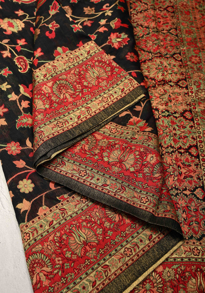 Black Meenakari Floral Jaal on Rayon Saree with Kani Design and Koniya Motifs