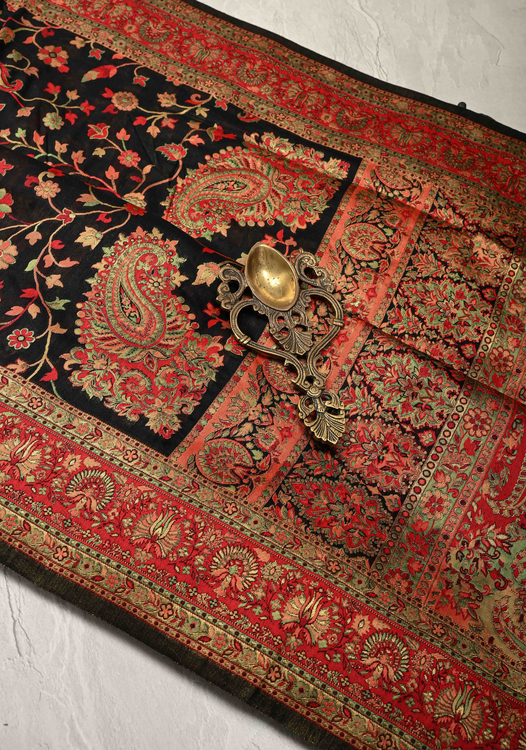 Black Meenakari Floral Jaal on Rayon Saree with Kani Design and Koniya Motifs