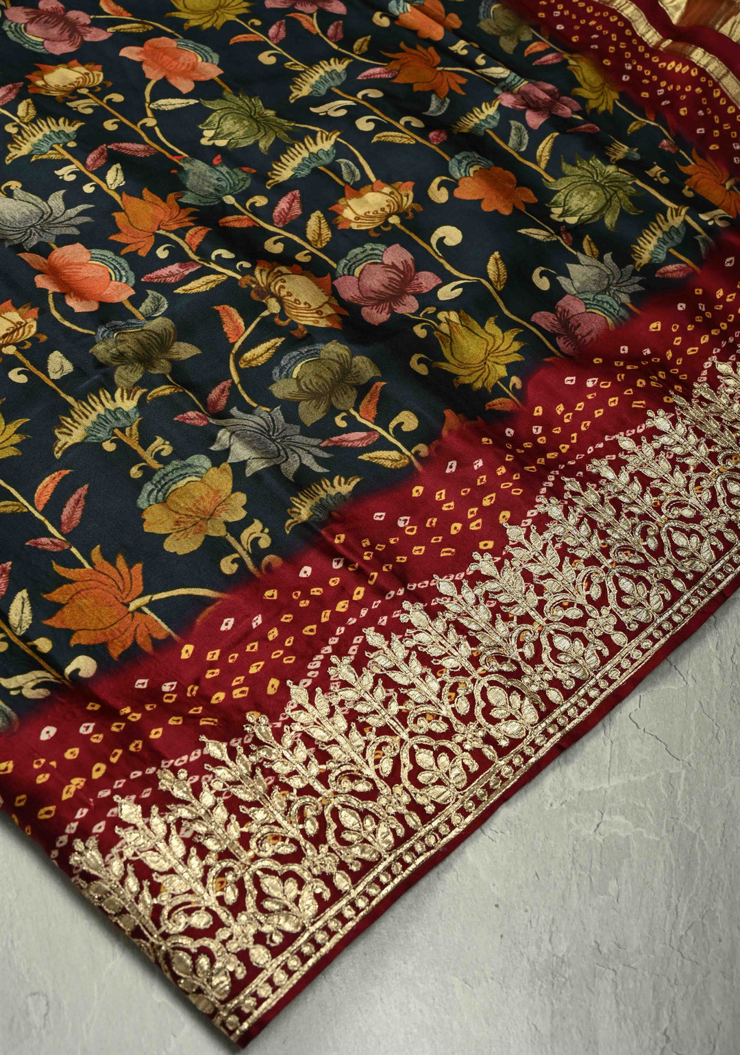 Deep prussian Blue color  Kalmakari Floral Digital Print Gajji Silk Saree with Bandhni Gharchola Pallu and Gotta Patti Border