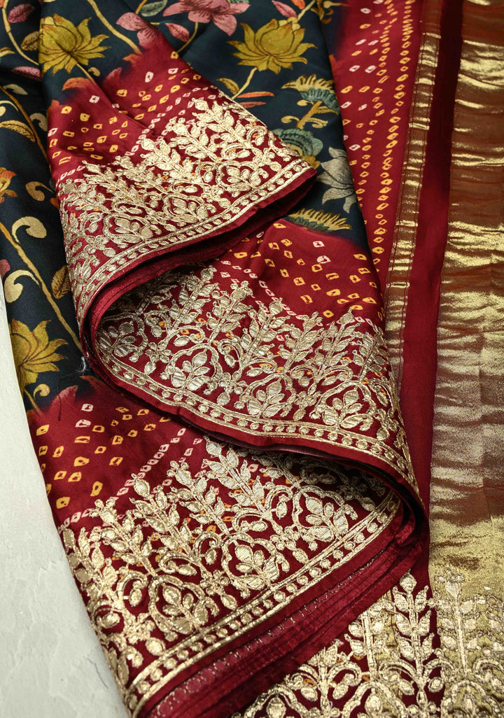 Deep prussian Blue color  Kalmakari Floral Digital Print Gajji Silk Saree with Bandhni Gharchola Pallu and Gotta Patti Border