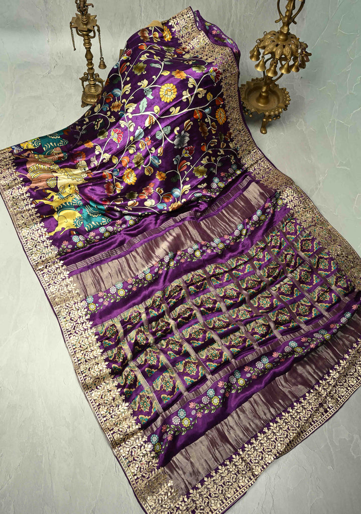 Plum Purple  Gajji Silk Saree with Kalamkari Floral Digital Ptint and Gotta Patti Work