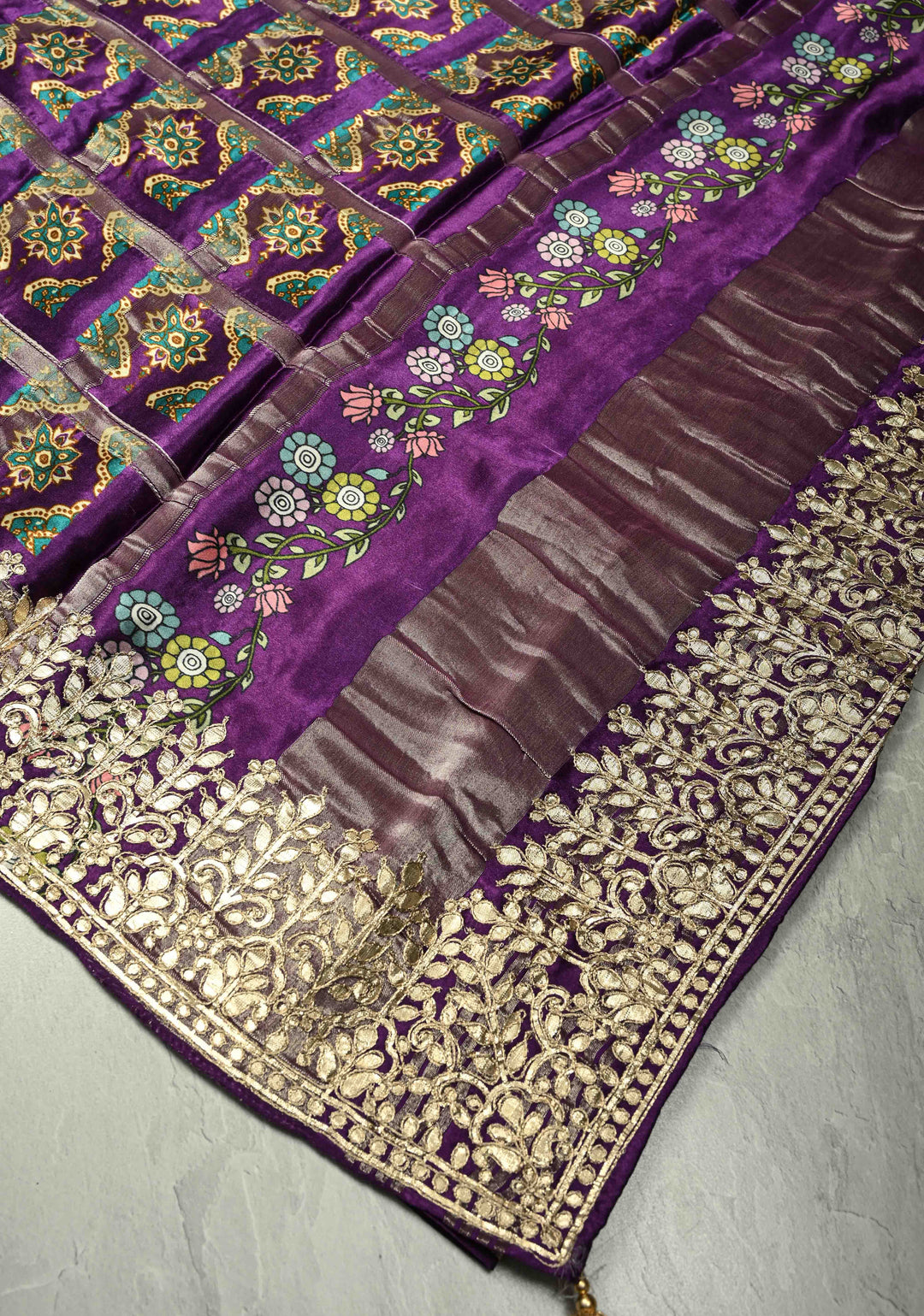 Plum Purple  Gajji Silk Saree with Kalamkari Floral Digital Ptint and Gotta Patti Work