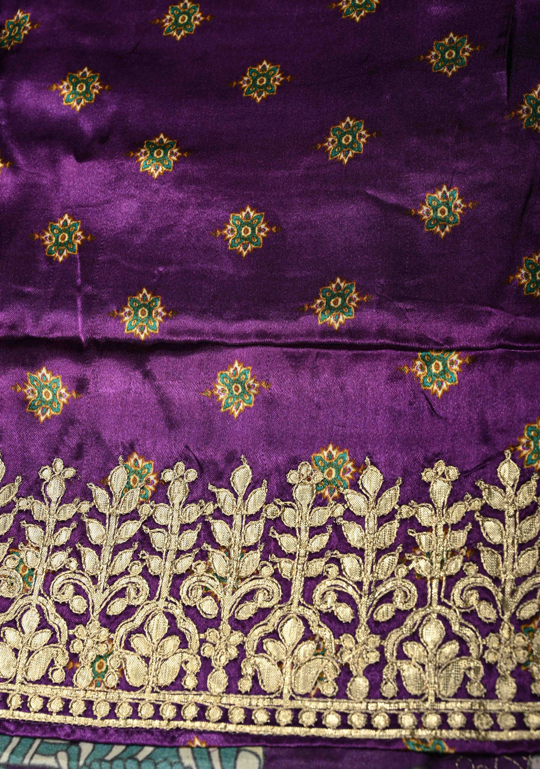 Plum Purple  Gajji Silk Saree with Kalamkari Floral Digital Ptint and Gotta Patti Work