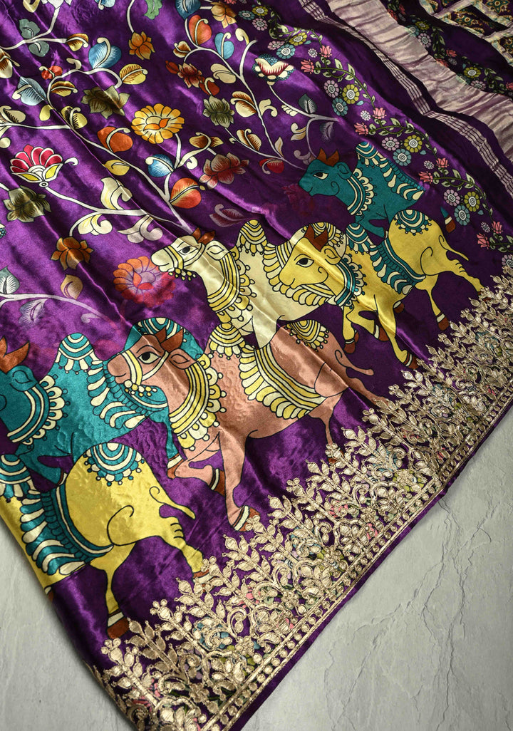 Plum Purple  Gajji Silk Saree with Kalamkari Floral Digital Ptint and Gotta Patti Work