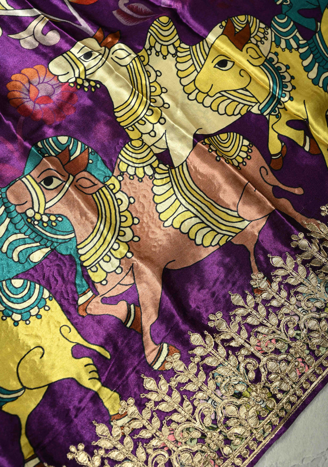 Plum Purple  Gajji Silk Saree with Kalamkari Floral Digital Ptint and Gotta Patti Work