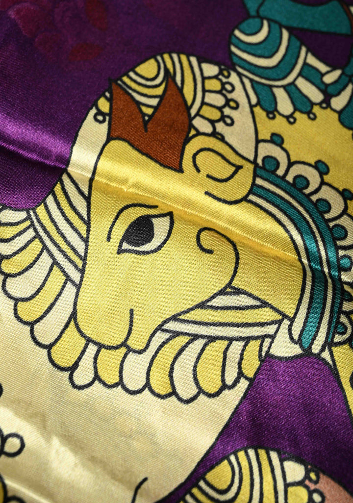 Plum Purple  Gajji Silk Saree with Kalamkari Floral Digital Ptint and Gotta Patti Work