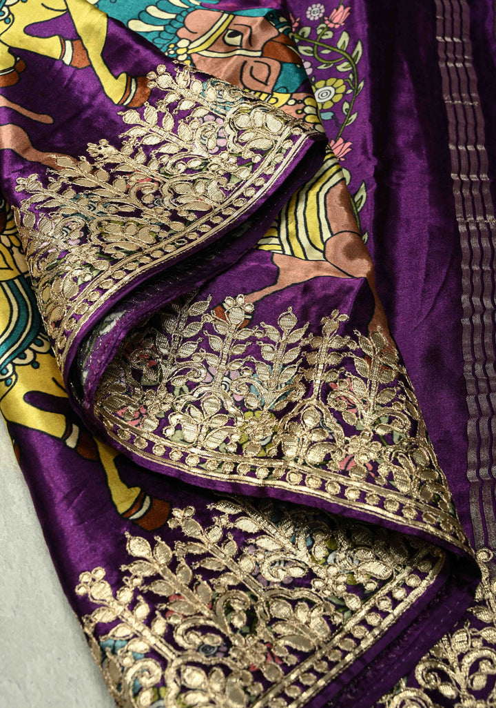 Plum Purple  Gajji Silk Saree with Kalamkari Floral Digital Ptint and Gotta Patti Work