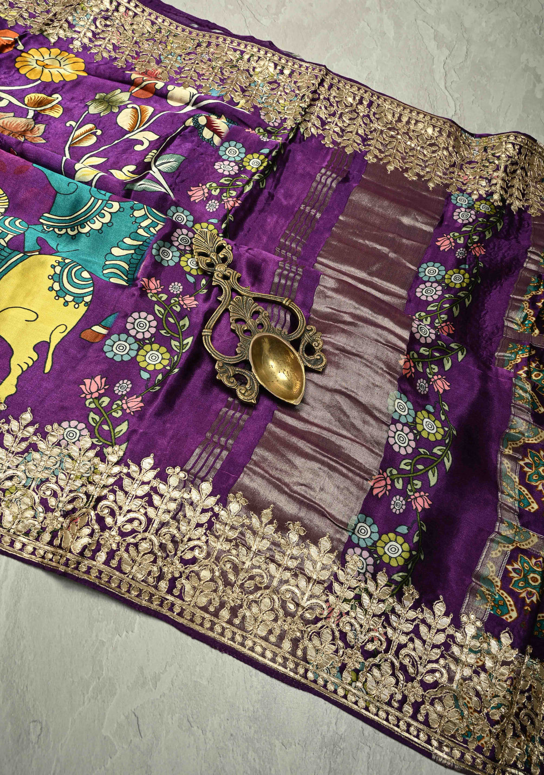 Plum Purple  Gajji Silk Saree with Kalamkari Floral Digital Ptint and Gotta Patti Work