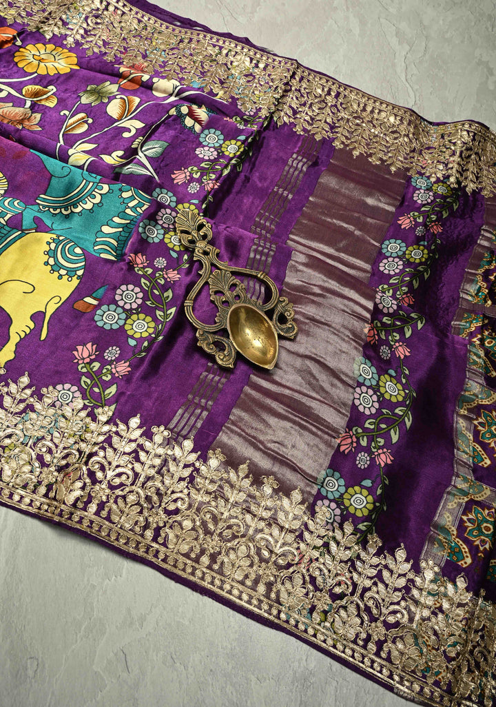 Plum Purple  Gajji Silk Saree with Kalamkari Floral Digital Ptint and Gotta Patti Work