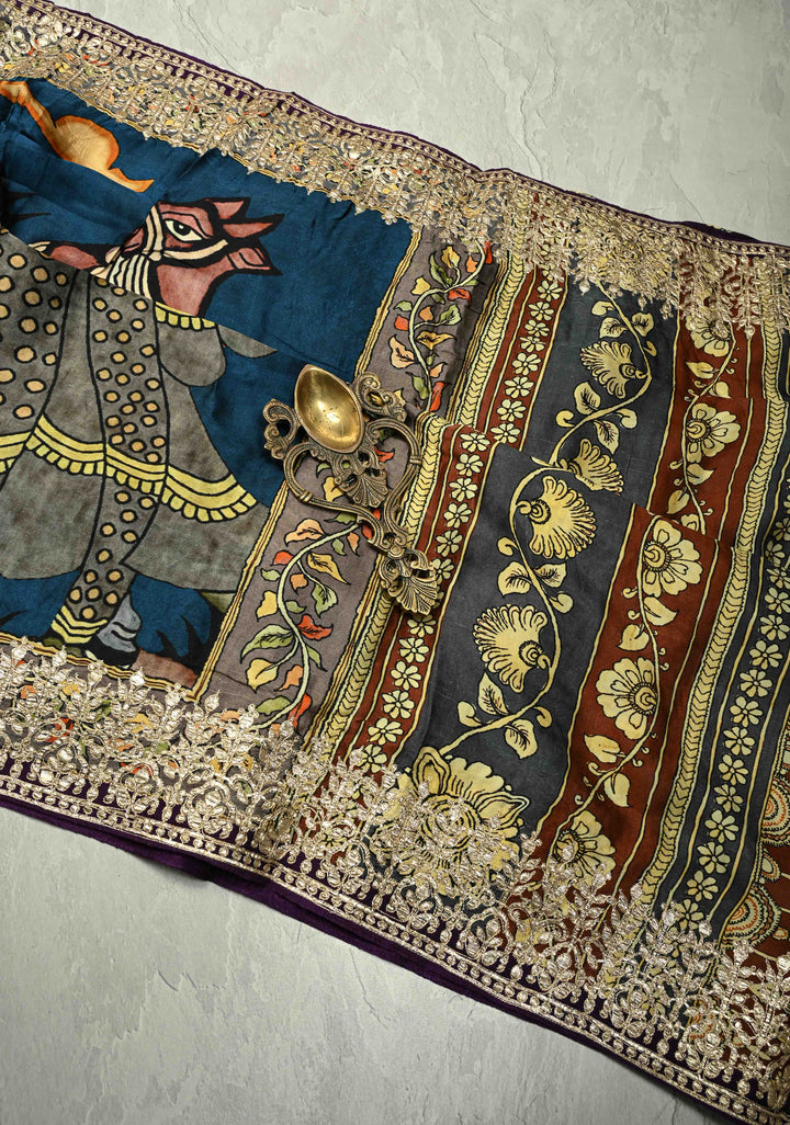 Peacock Blue Gajji Silk Saree with Krishna Pichwai theme Kalamkari Digital Print and Gotta Patti Border