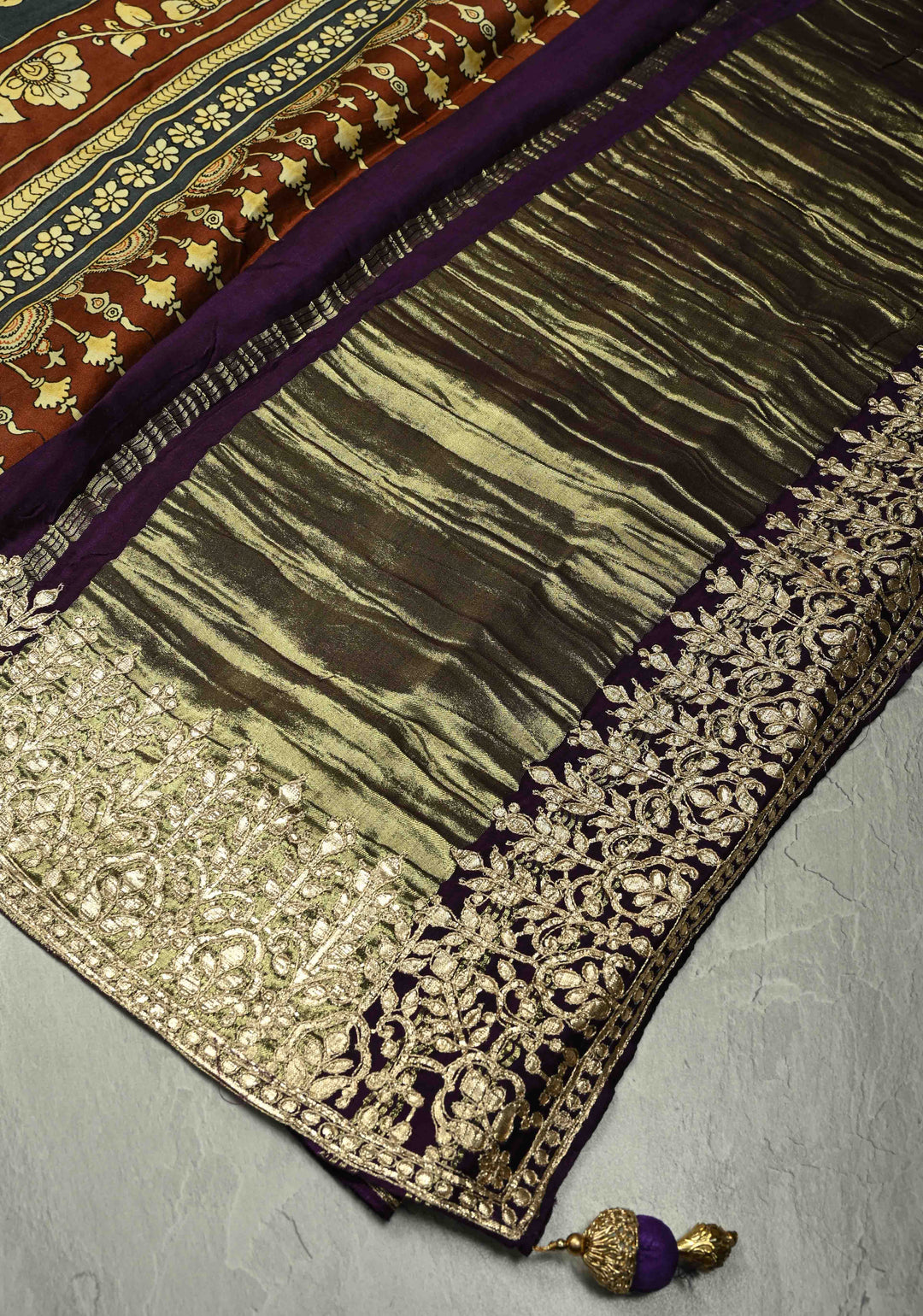 Peacock Blue Gajji Silk Saree with Krishna Pichwai theme Kalamkari Digital Print and Gotta Patti Border