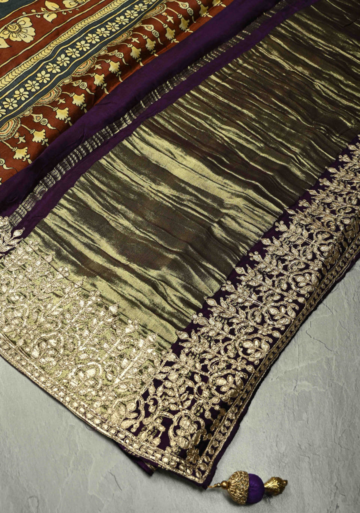 Peacock Blue Gajji Silk Saree with Krishna Pichwai theme Kalamkari Digital Print and Gotta Patti Border