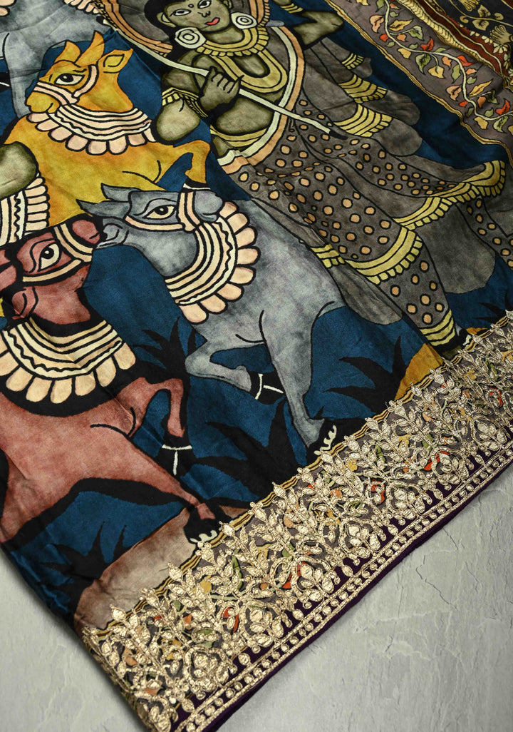 Peacock Blue Gajji Silk Saree with Krishna Pichwai theme Kalamkari Digital Print and Gotta Patti Border