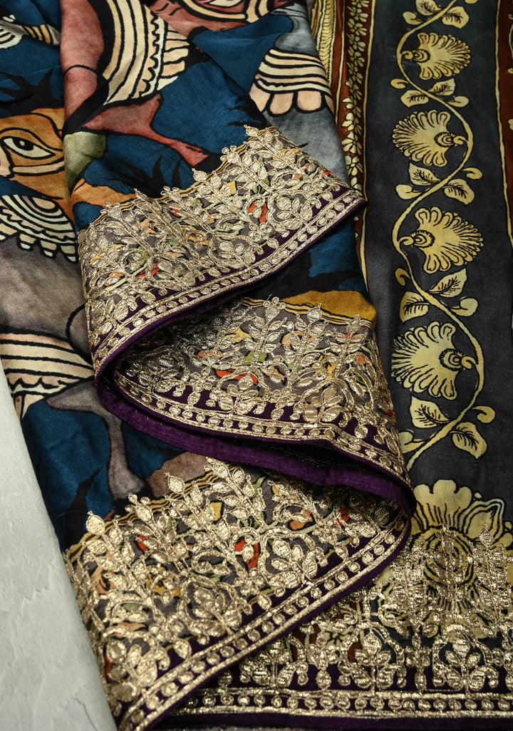 Peacock Blue Gajji Silk Saree with Krishna Pichwai theme Kalamkari Digital Print and Gotta Patti Border