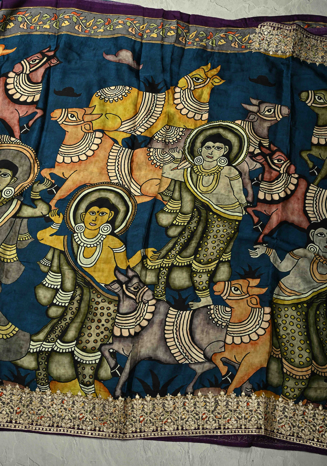 Peacock Blue Gajji Silk Saree with Krishna Pichwai theme Kalamkari Digital Print and Gotta Patti Border