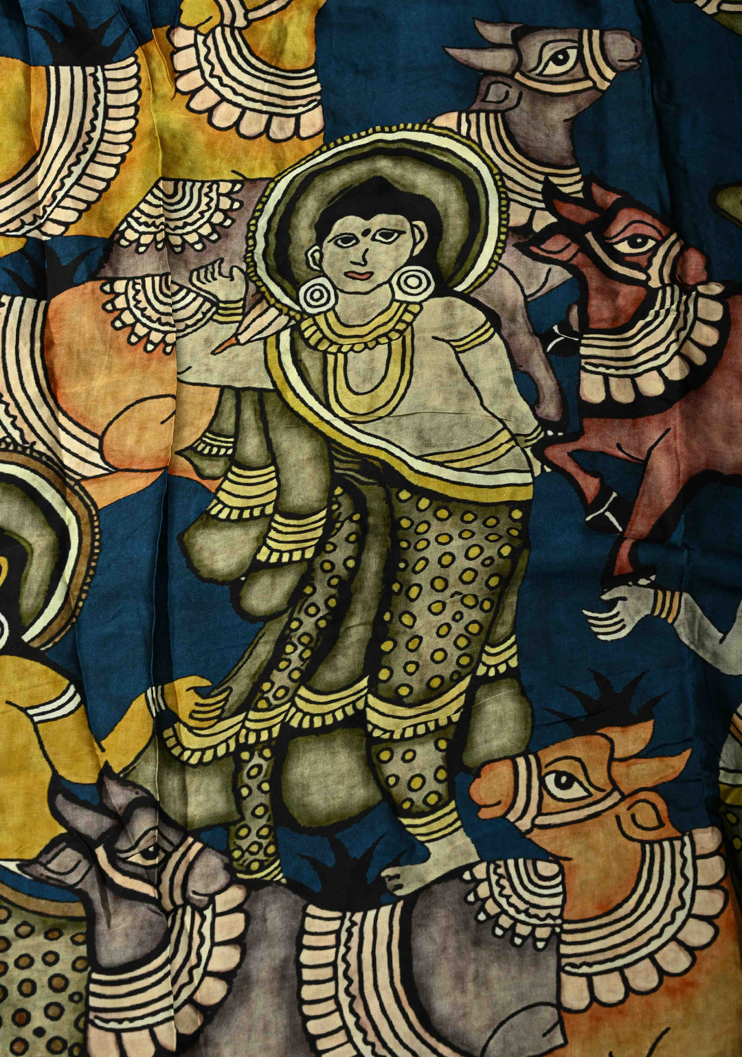 Peacock Blue Gajji Silk Saree with Krishna Pichwai theme Kalamkari Digital Print and Gotta Patti Border