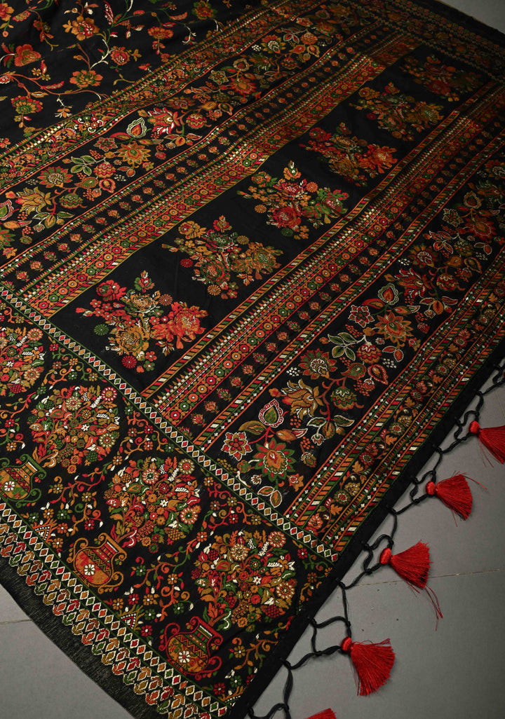 Black Rayon Saree adorned with a Traditional Kani Floral Jaal Pattern. | SHOBITAM