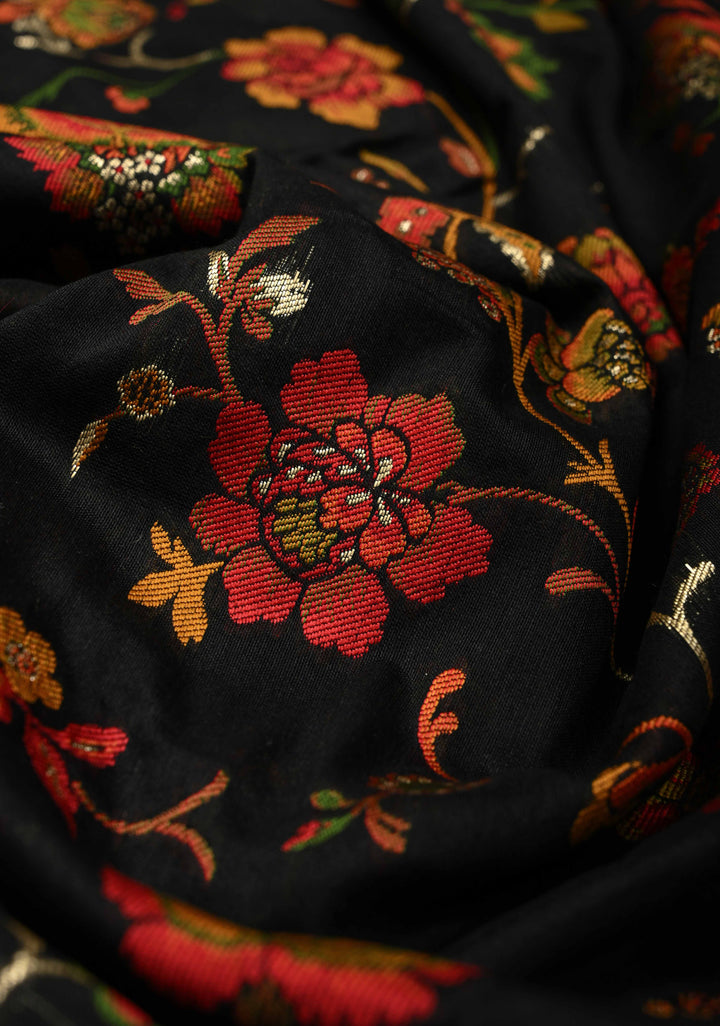 Black Rayon Saree adorned with a Traditional Kani Floral Jaal Pattern. | SHOBITAM