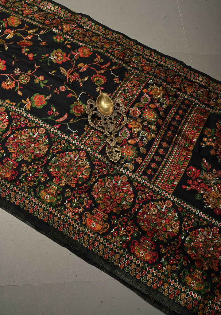 Black Rayon Saree adorned with a Traditional Kani Floral Jaal Pattern. | SHOBITAM