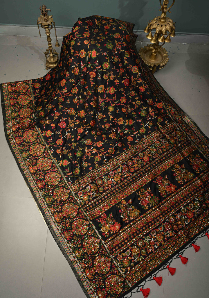 Black Rayon Saree adorned with a Traditional Kani Floral Jaal Pattern. | SHOBITAM