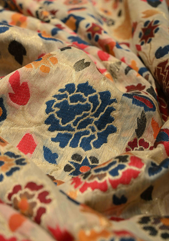 Kani Design with Floral Jaal in Beige Rayon Saree | SHOBITAM