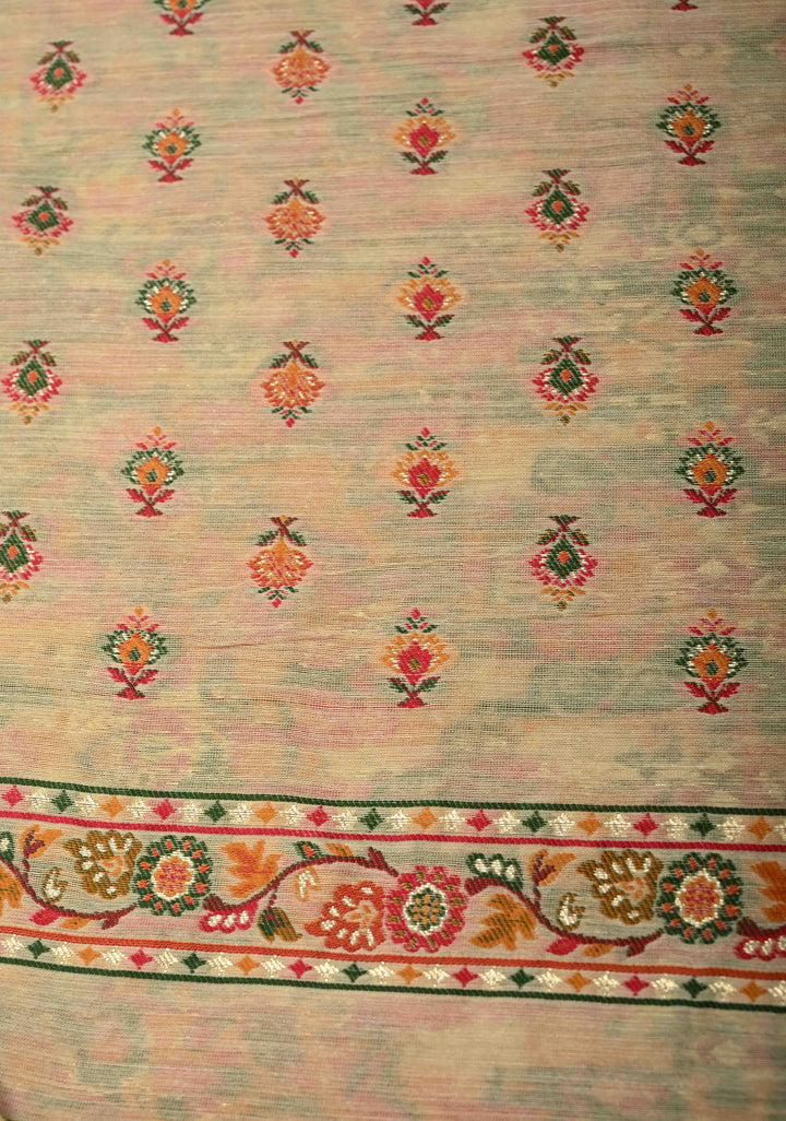 Kani Design with Floral Jaal in Beige Rayon Saree | SHOBITAM