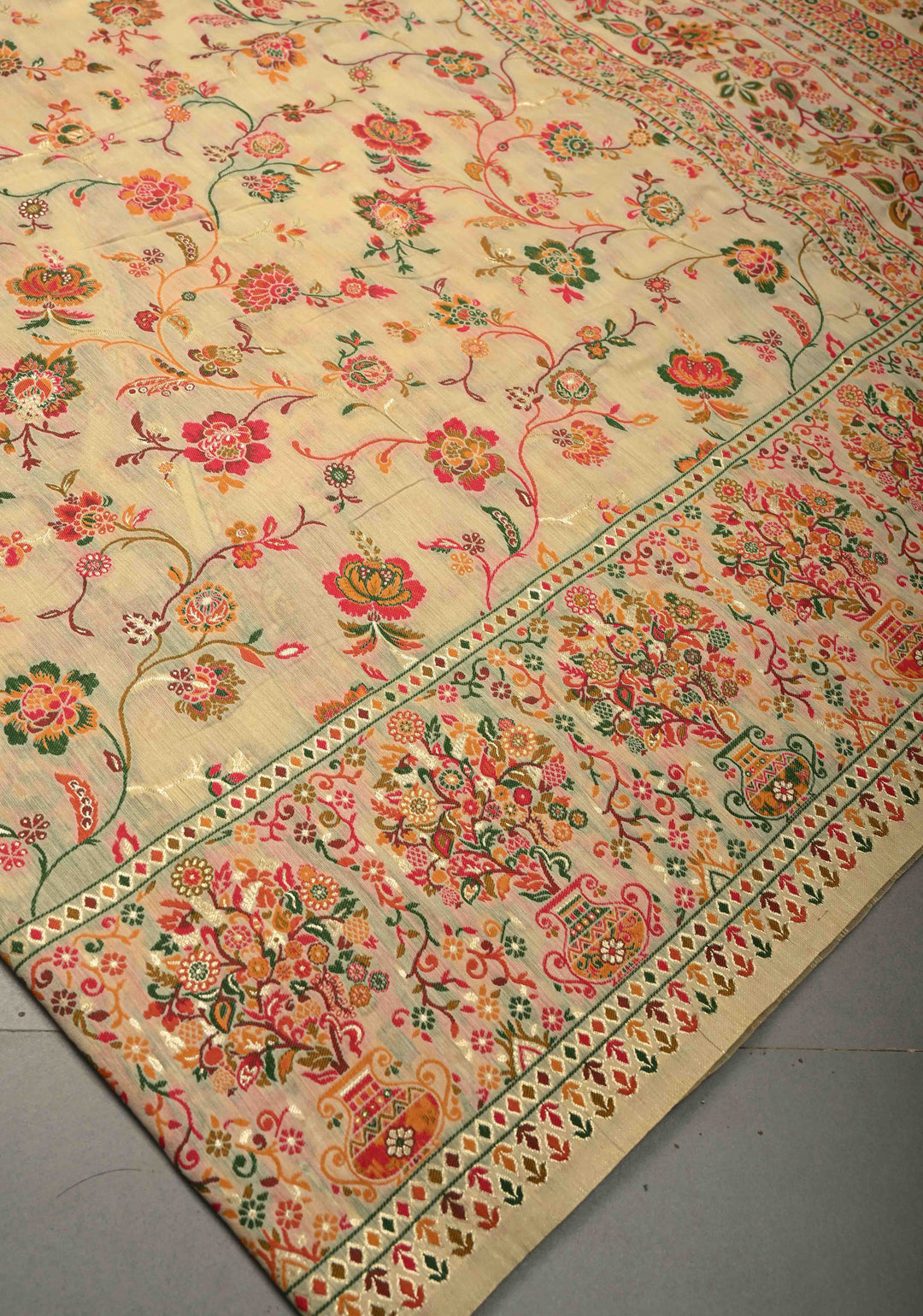 Kani Design with Floral Jaal in Beige Rayon Saree | SHOBITAM