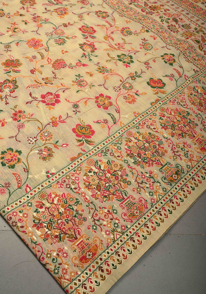 Kani Design with Floral Jaal in Beige Rayon Saree | SHOBITAM