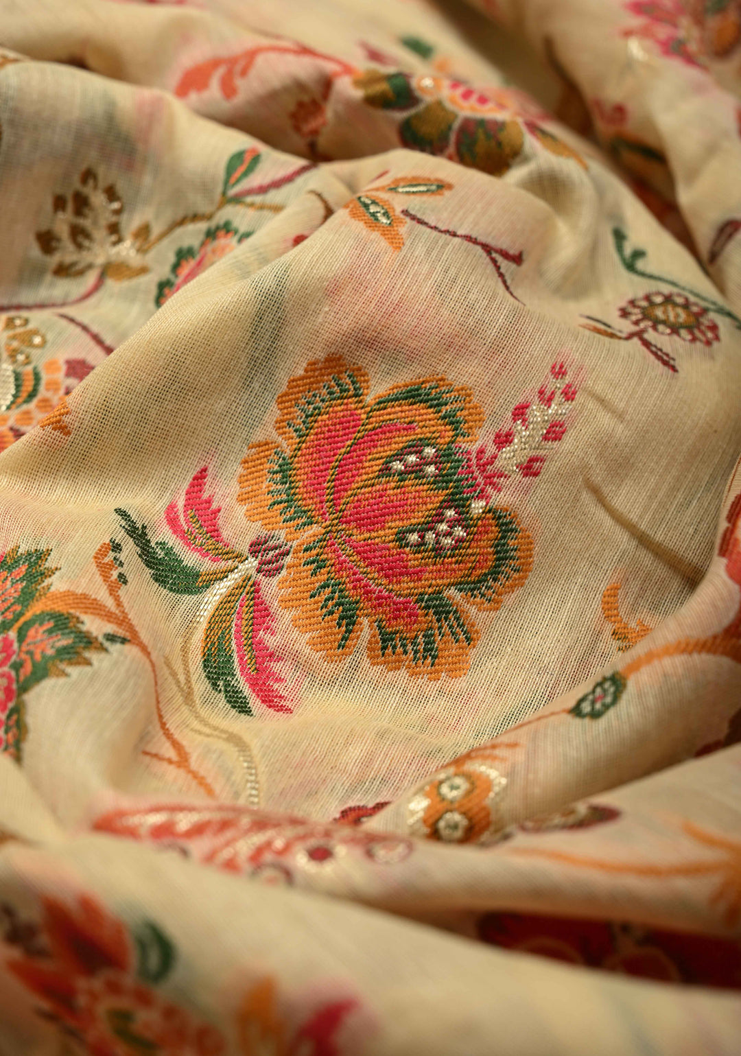 Kani Design with Floral Jaal in Beige Rayon Saree | SHOBITAM
