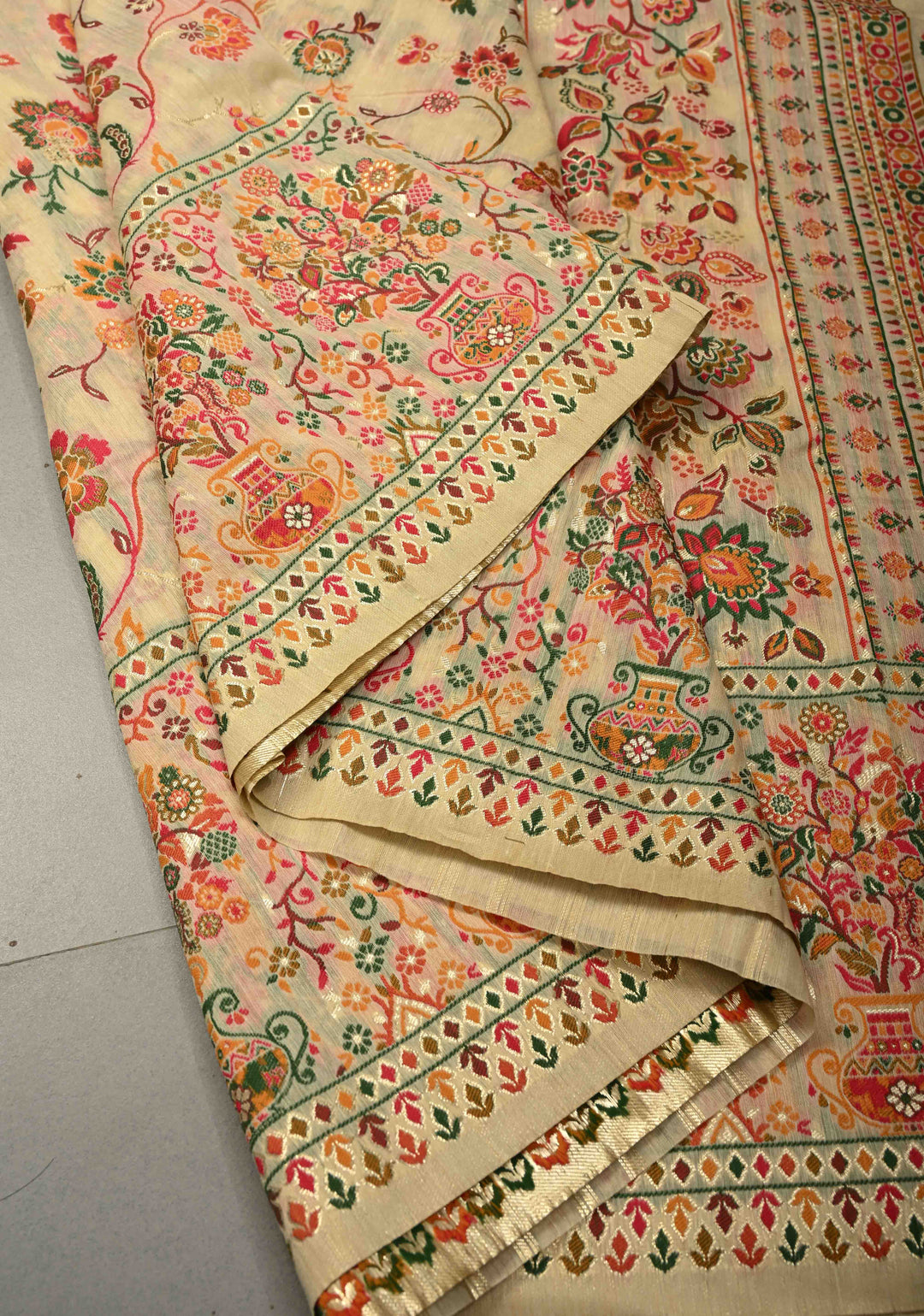 Kani Design with Floral Jaal in Beige Rayon Saree | SHOBITAM
