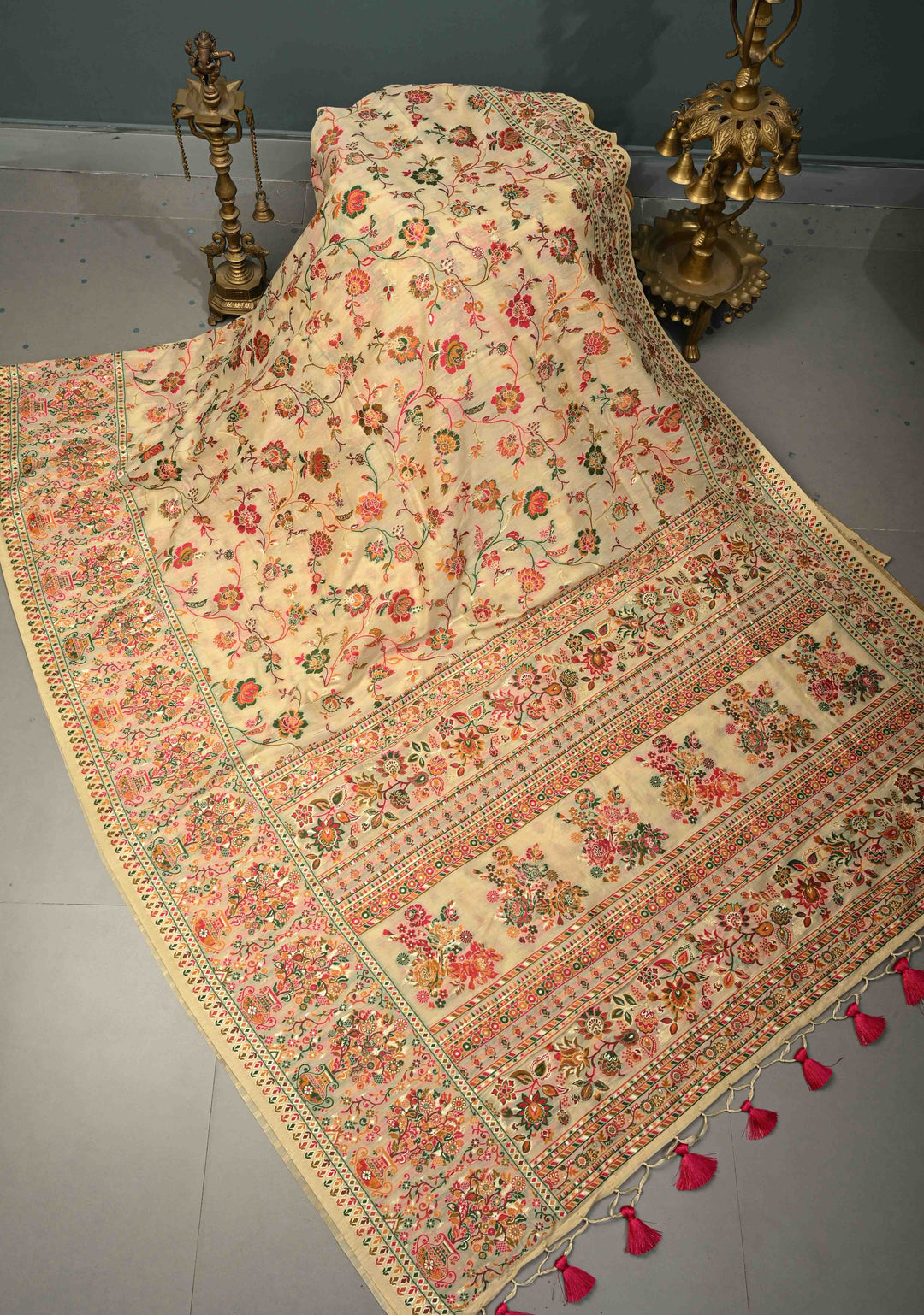 Kani Design with Floral Jaal in Beige Rayon Saree | SHOBITAM