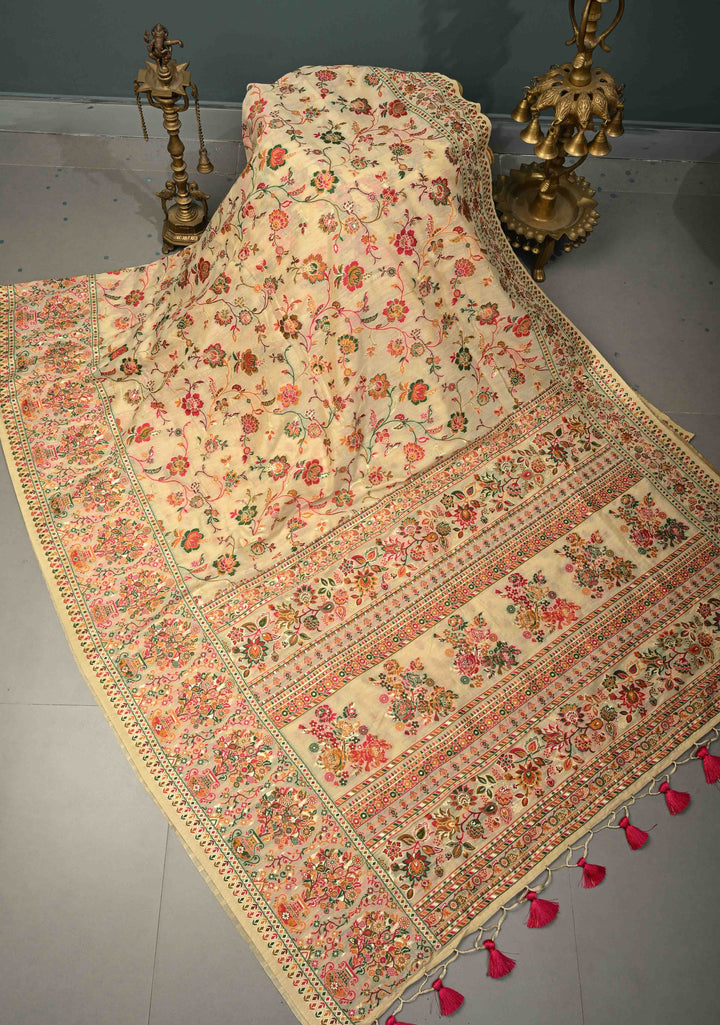 Kani Design with Floral Jaal in Beige Rayon Saree | SHOBITAM