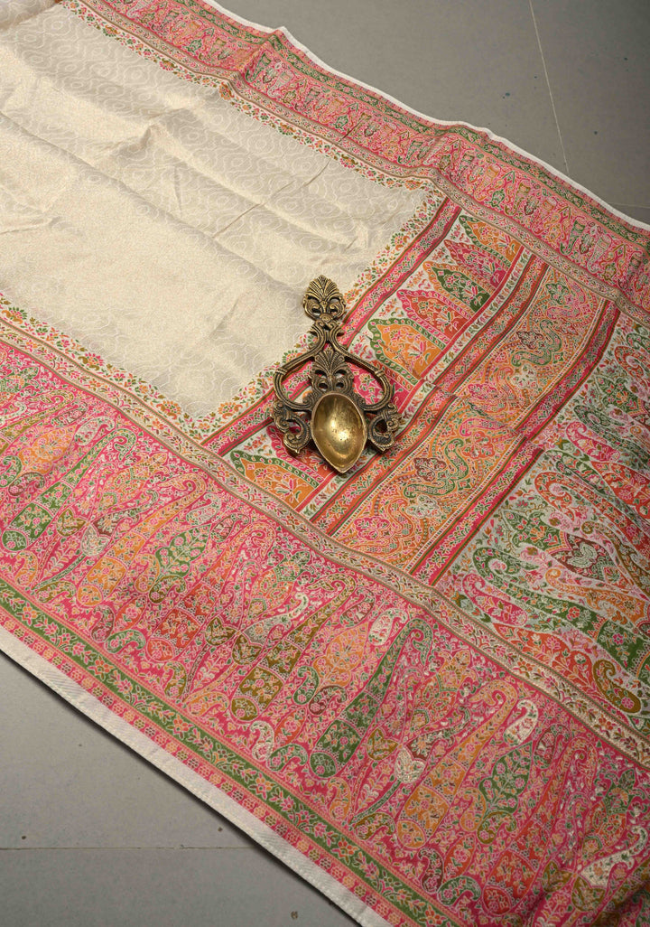 Off White Rayon Tissue Saree with Meenakari Border and Pallu | SHOBITAM