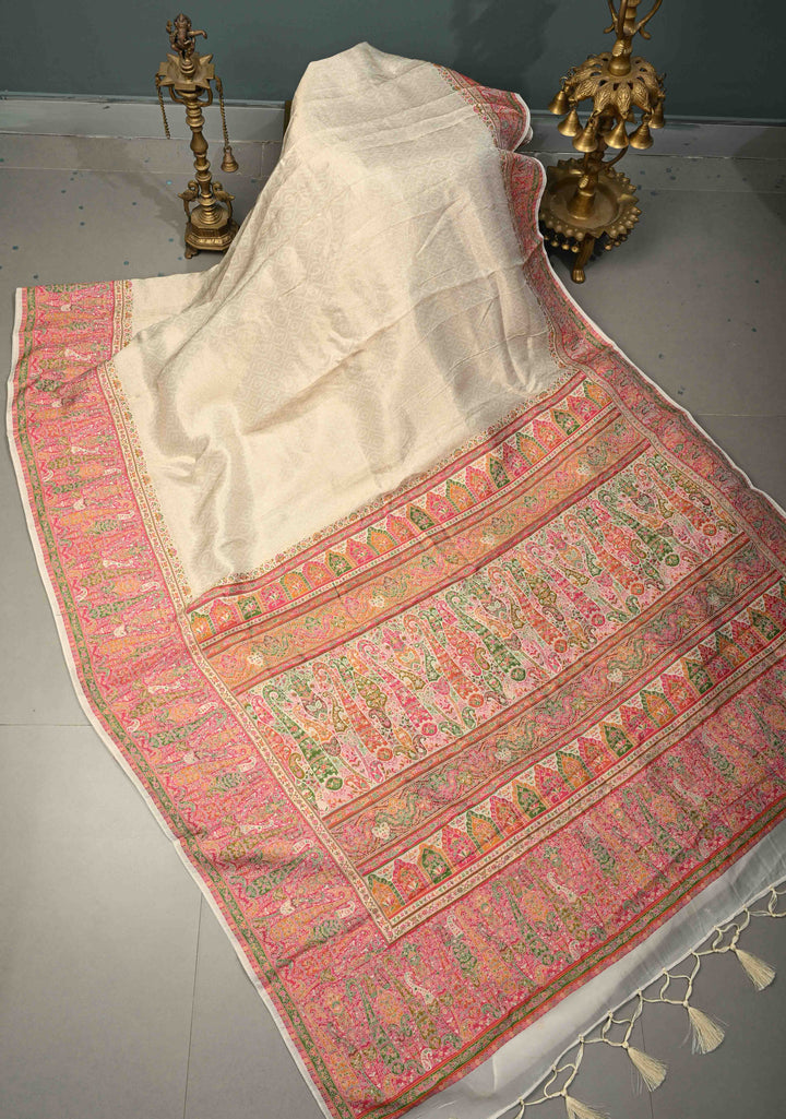 Off White Rayon Tissue Saree with Meenakari Border and Pallu | SHOBITAM