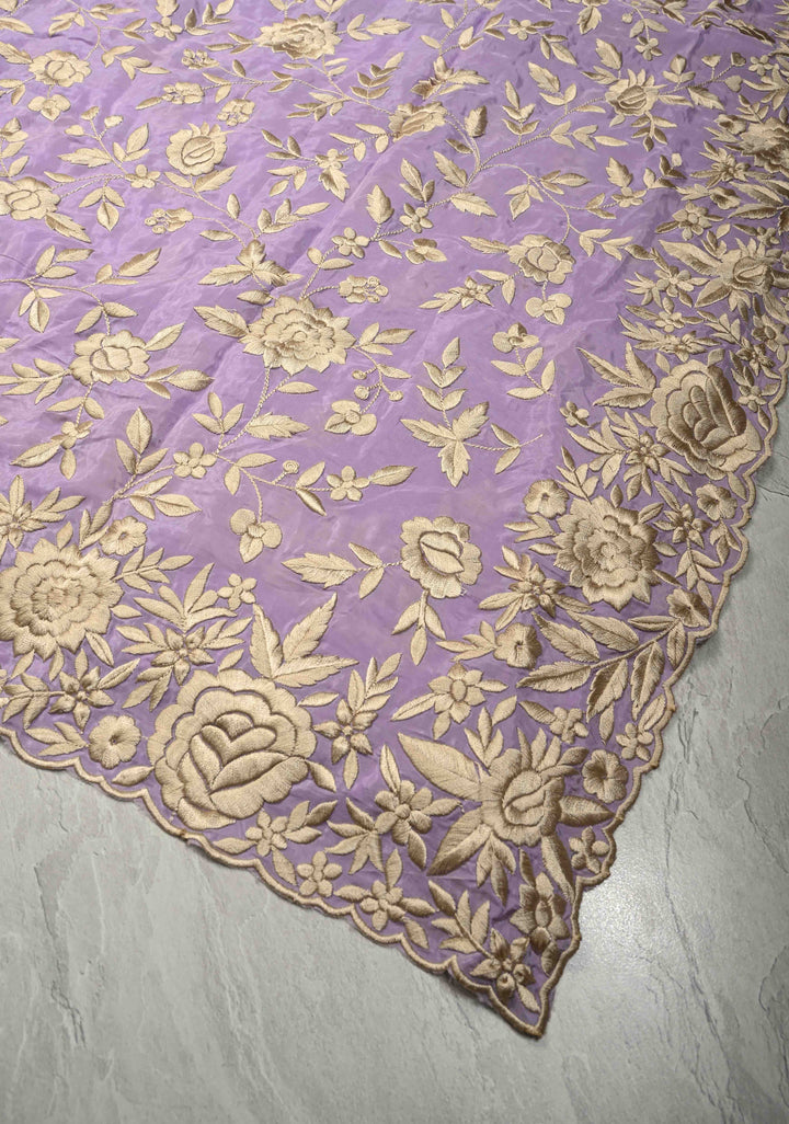 Dusty Lavender Parsi Gara Design Jaal Heavy Machine Embroidered in Chinnon Saree with Scallop Border | SHOBITAM