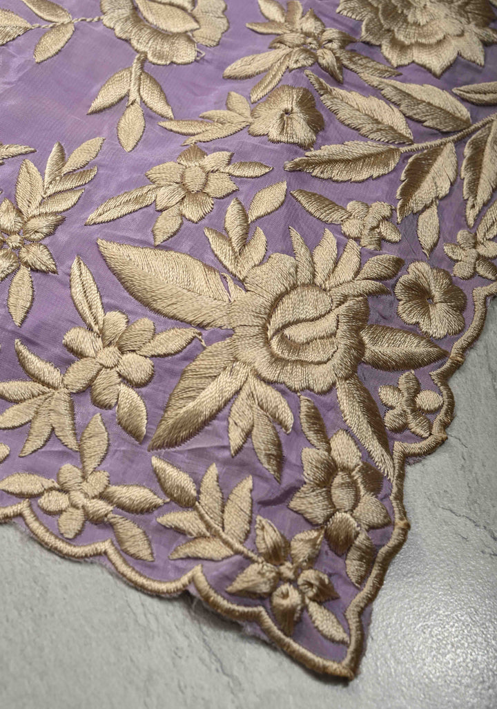 Dusty Lavender Parsi Gara Design Jaal Heavy Machine Embroidered in Chinnon Saree with Scallop Border | SHOBITAM