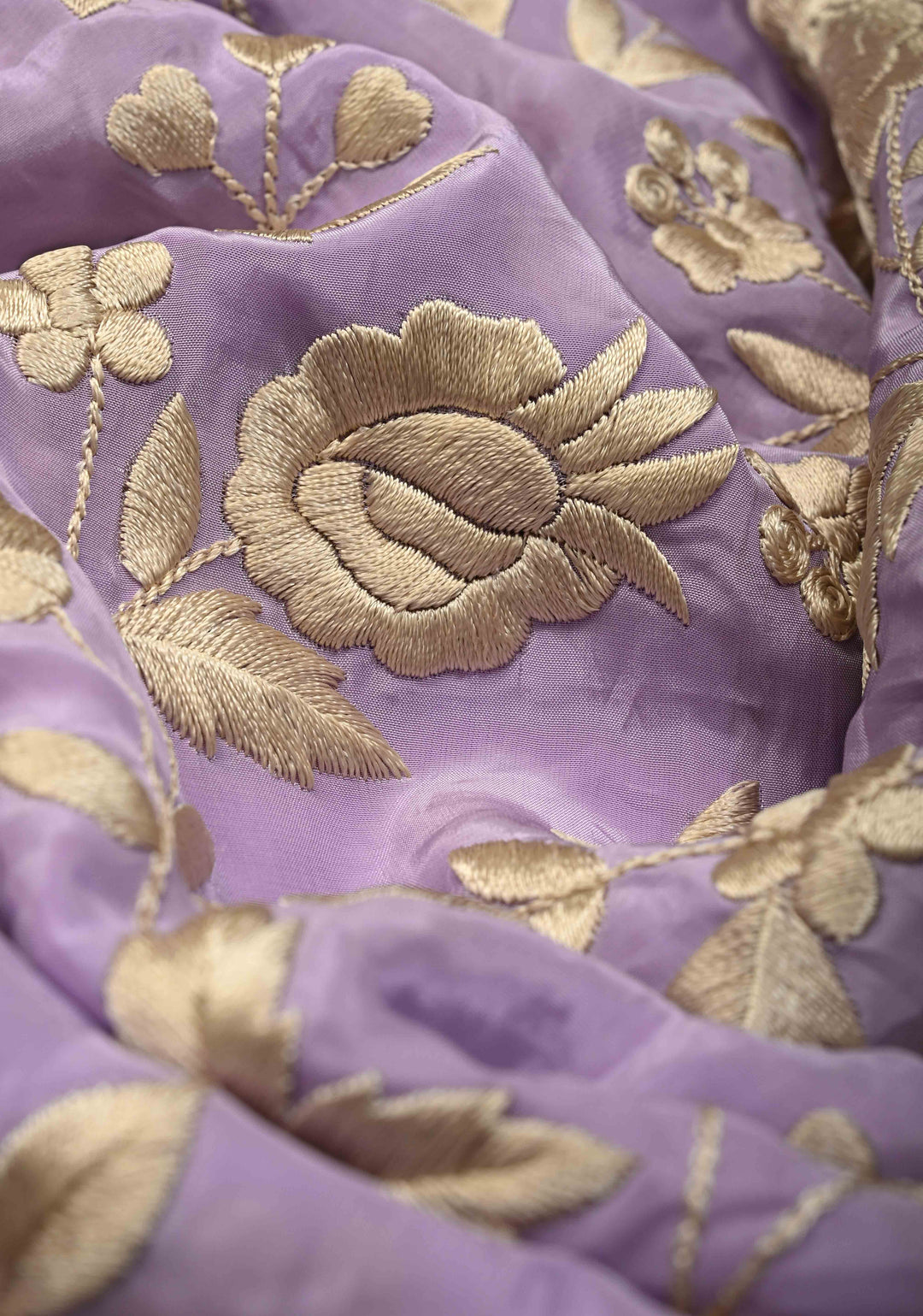 Dusty Lavender Parsi Gara Design Jaal Heavy Machine Embroidered in Chinnon Saree with Scallop Border | SHOBITAM