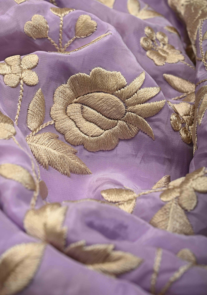 Dusty Lavender Parsi Gara Design Jaal Heavy Machine Embroidered in Chinnon Saree with Scallop Border | SHOBITAM