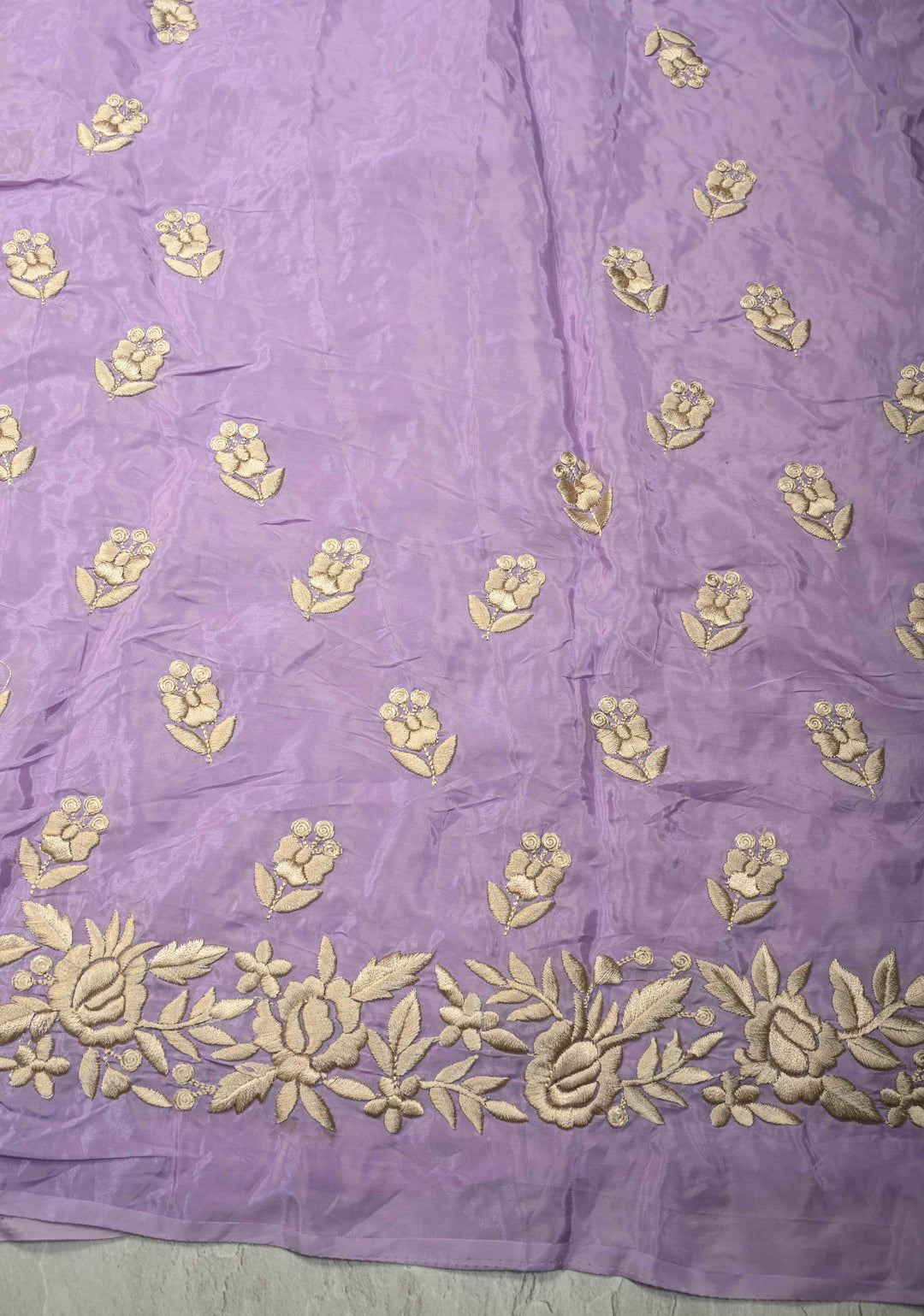Dusty Lavender Parsi Gara Design Jaal Heavy Machine Embroidered in Chinnon Saree with Scallop Border | SHOBITAM