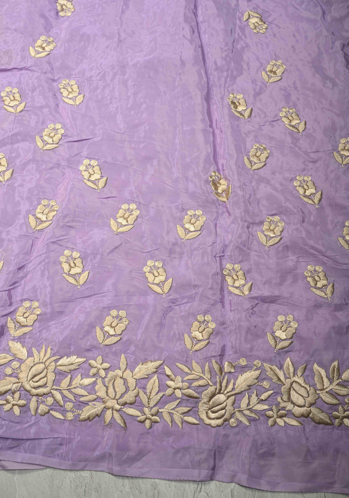 Dusty Lavender Parsi Gara Design Jaal Heavy Machine Embroidered in Chinnon Saree with Scallop Border | SHOBITAM