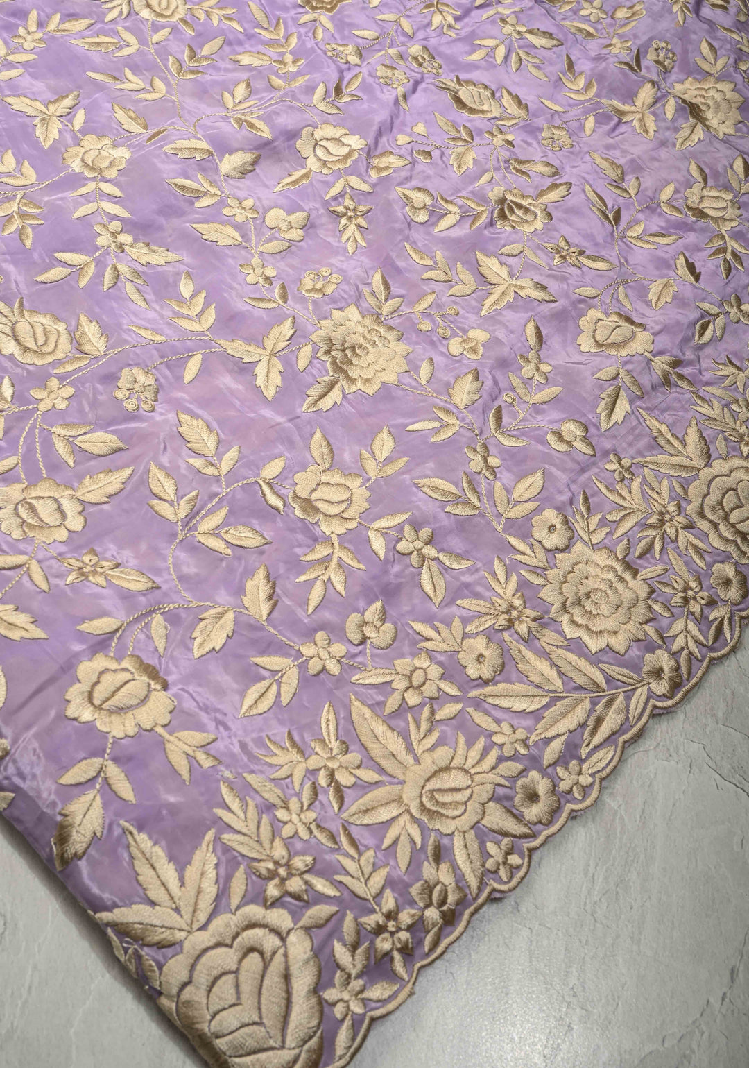 Dusty Lavender Parsi Gara Design Jaal Heavy Machine Embroidered in Chinnon Saree with Scallop Border | SHOBITAM