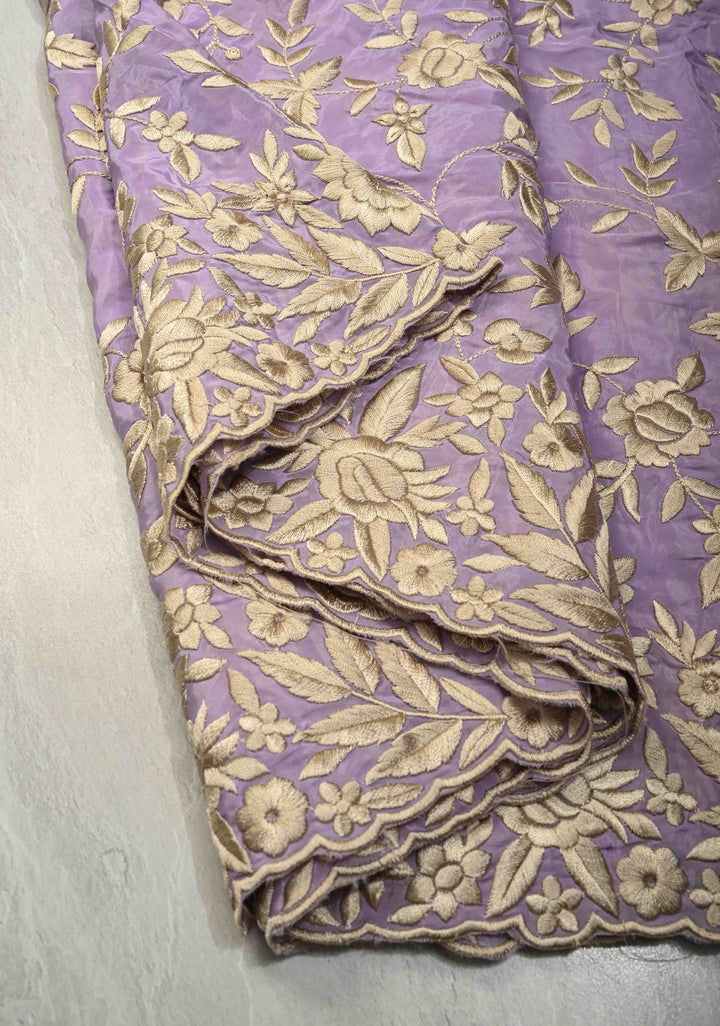 Dusty Lavender Parsi Gara Design Jaal Heavy Machine Embroidered in Chinnon Saree with Scallop Border | SHOBITAM