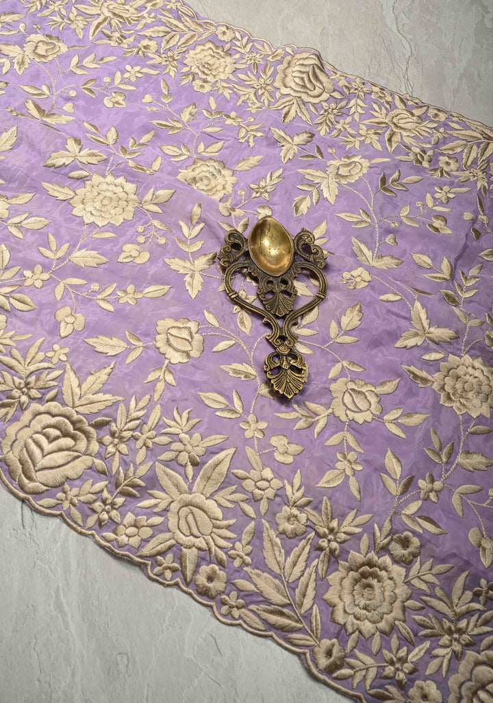 Dusty Lavender Parsi Gara Design Jaal Heavy Machine Embroidered in Chinnon Saree with Scallop Border | SHOBITAM