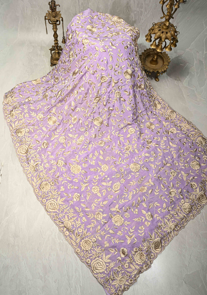 Dusty Lavender Parsi Gara Design Jaal Heavy Machine Embroidered in Chinnon Saree with Scallop Border | SHOBITAM