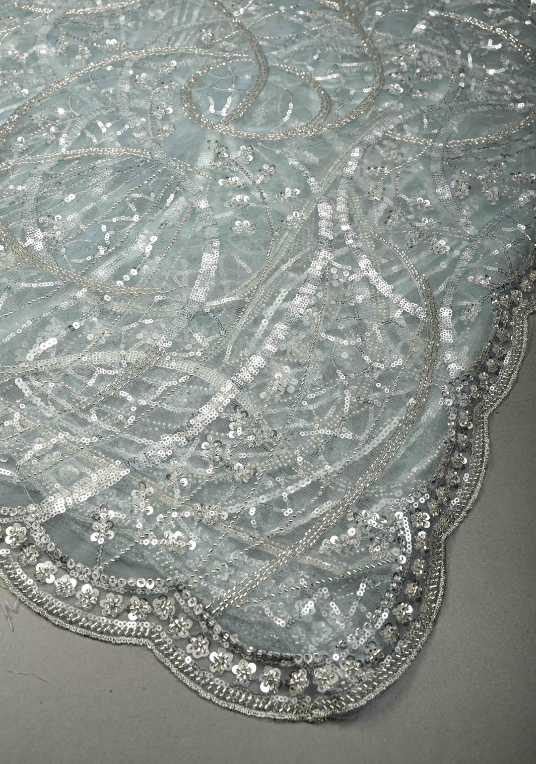 Powder Blue Swirling Design Sequins, Cutdana on Net Saree with Scallop Border | SHOBITAM